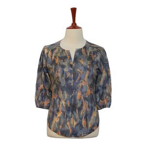 Womens Blouse Blue Orange Abstract 3/4 Sleeve V-Neck Relaxed Casual Top Large